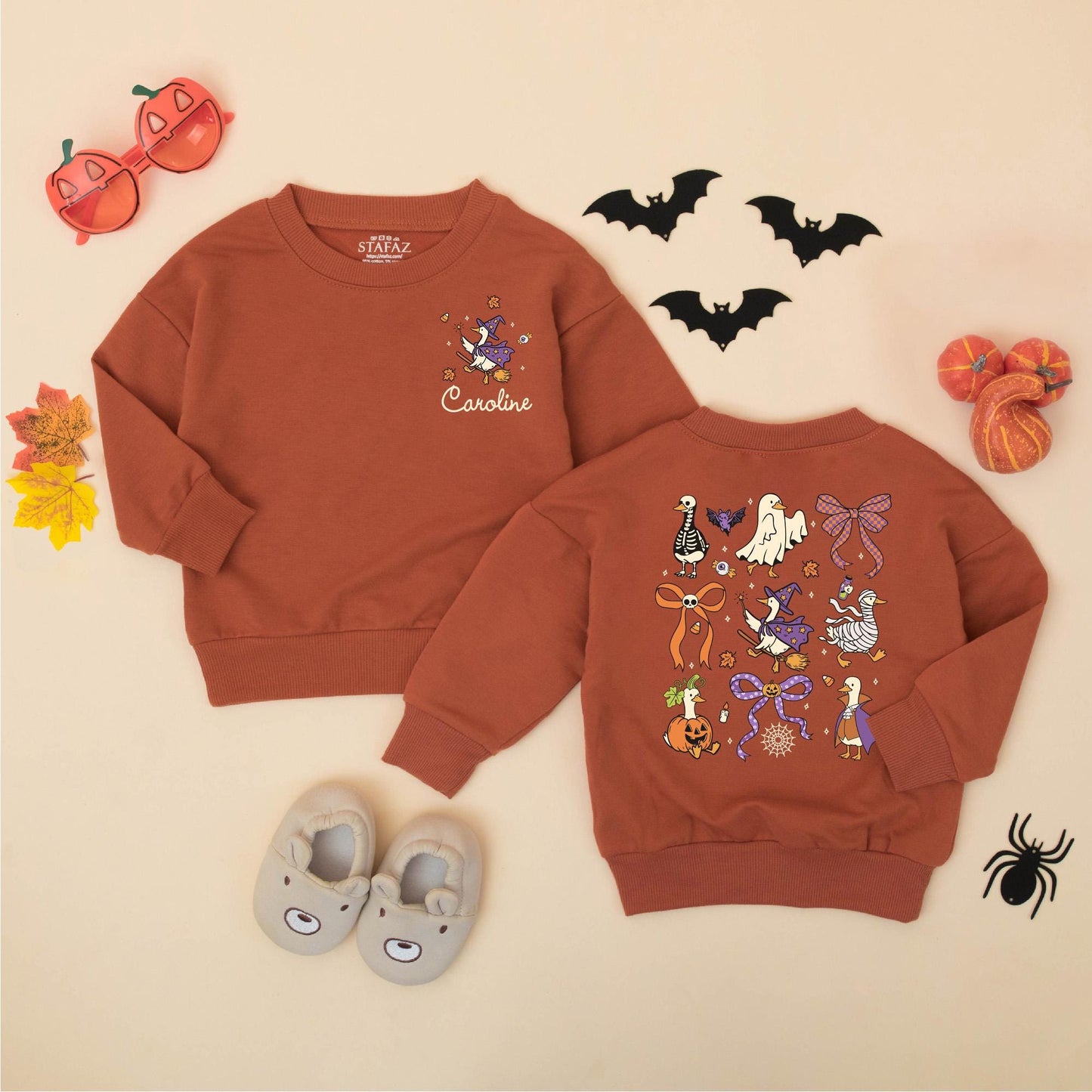 Personalized Whimsical Halloween Goose Bubble Romper with Witch Mummy Skeleton, Caroline Name, Orange Purple Bat Pumpkin Spooky Baby Toddler Outfit