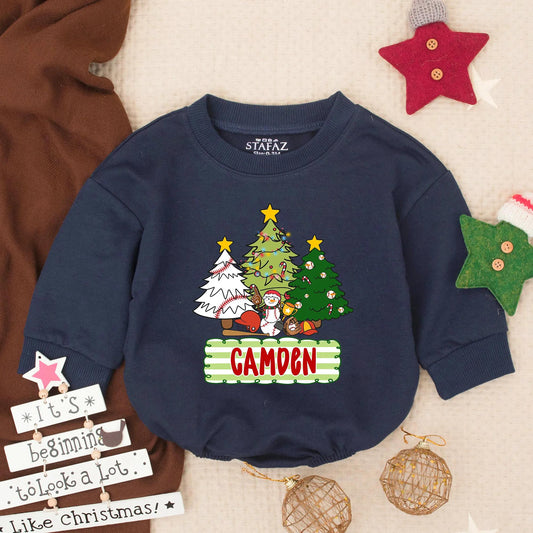 Custom Christmas Baseball Baby Bubble Romper Festive Trees Snowman Design, Infant Holiday Gameday Outfit Toddler Gift with 'CAMDEN' Detail
