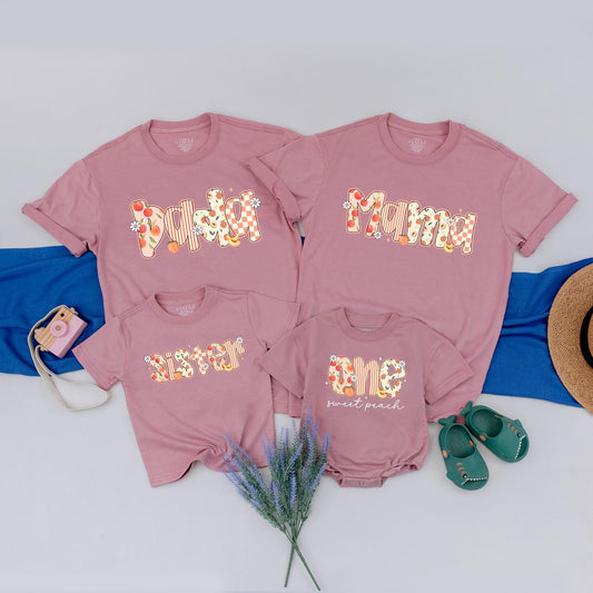 One Sweet Peach 1st Birthday Shirt for Baby Girl Matching Peach Party Outfits for Family Mommy and Me Tees Cute Floral Orange Pink White