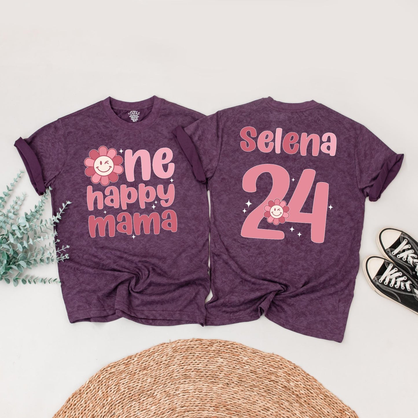 Personalized One Happy Girl First Birthday Shirt Matching Family Mama Tee Retro Pink Daisy Outfit with Smiley Face Starburst Design