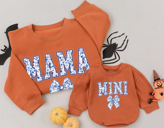 Chinoiserie Mama and Mini Matching Sweatshirts, Blue Floral Bow Design, Mommy and Me Family Outfits, New Mom Baby Girl Gift, Soft Toddler Clothes
