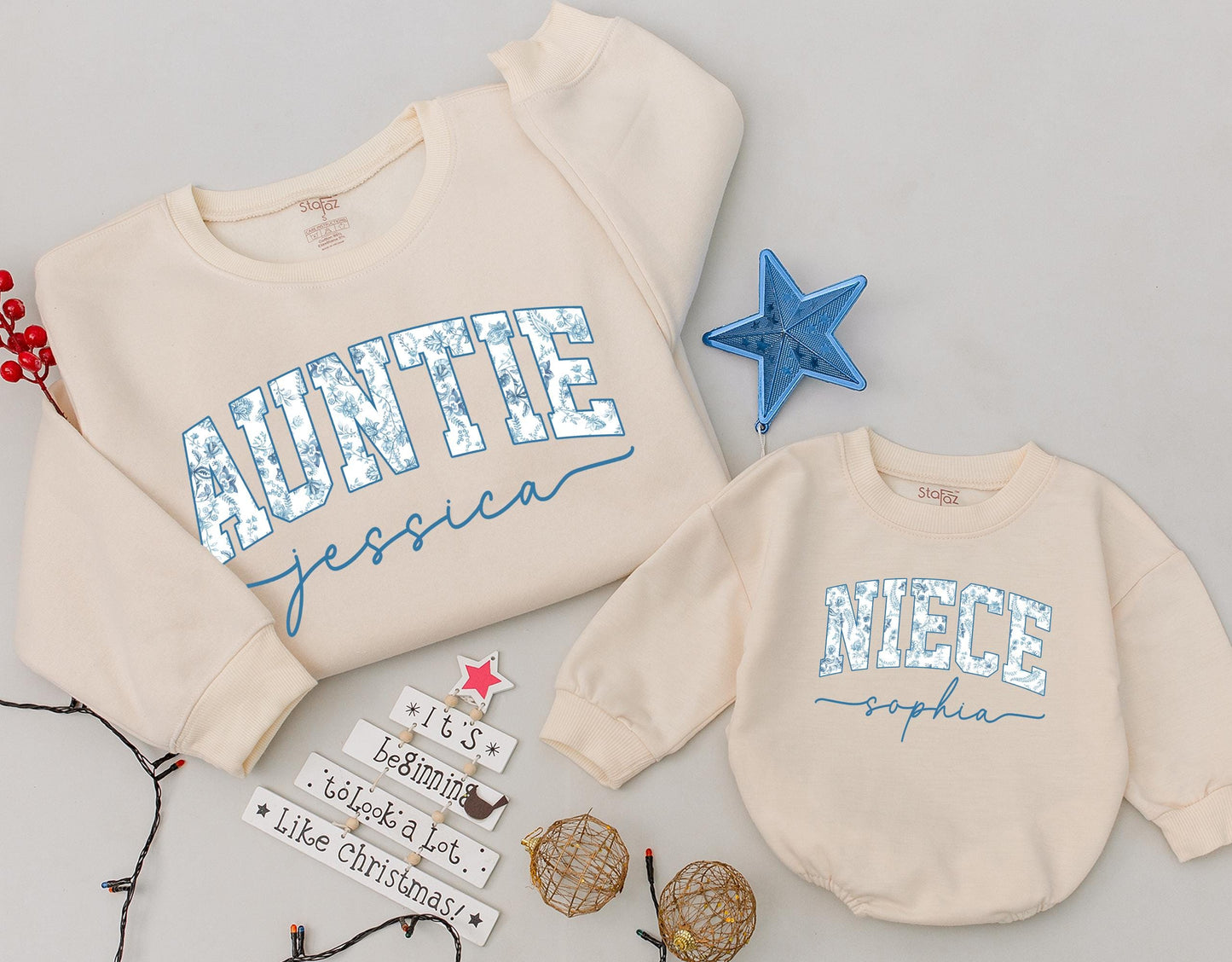 Blue Floral Auntie & Niece Matching Sweaters Set, Vintage Style Baby Romper, Custom Name Family Outfits, Cute Toddler Gift, Chinoiserie Jessica Sophia (139)