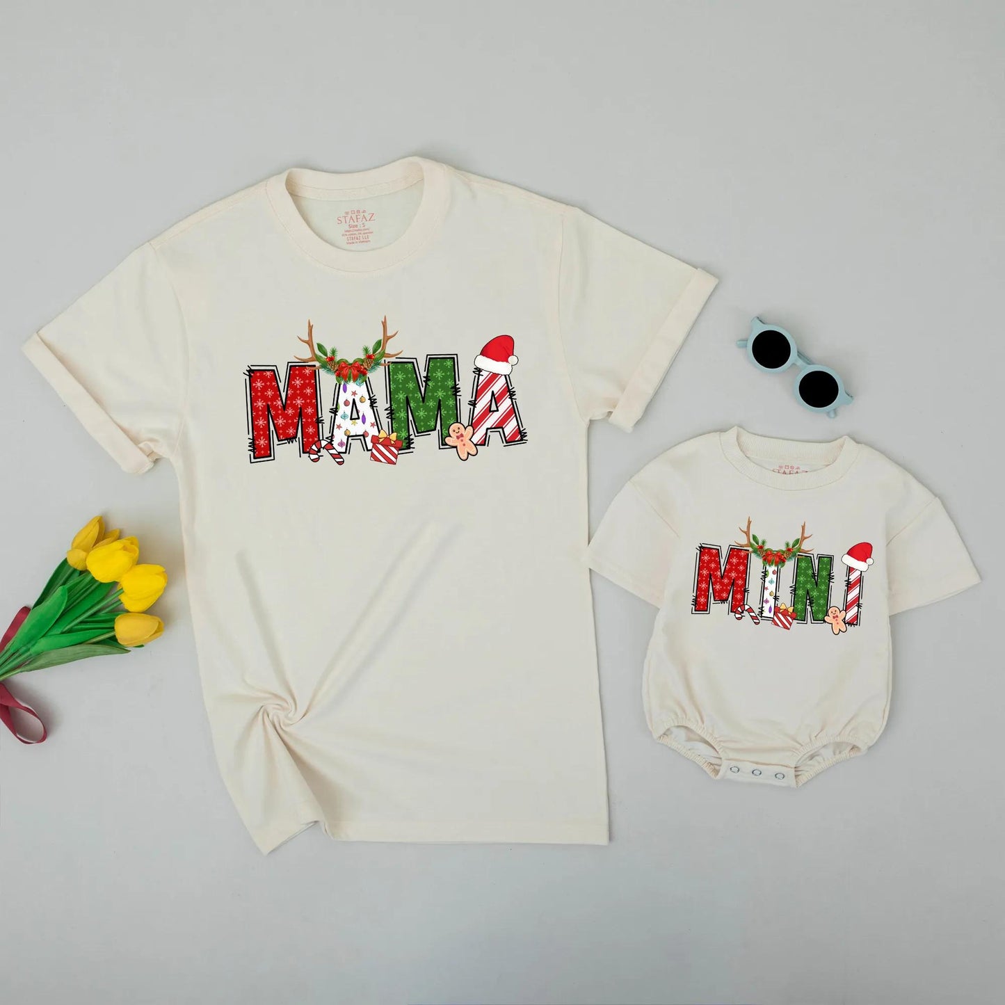 Custom Name Family Christmas Sweatshirt with Festive Designs: Red Snowflakes, Green Shapes, & Stripes! Matching Family Christmas Sweaters