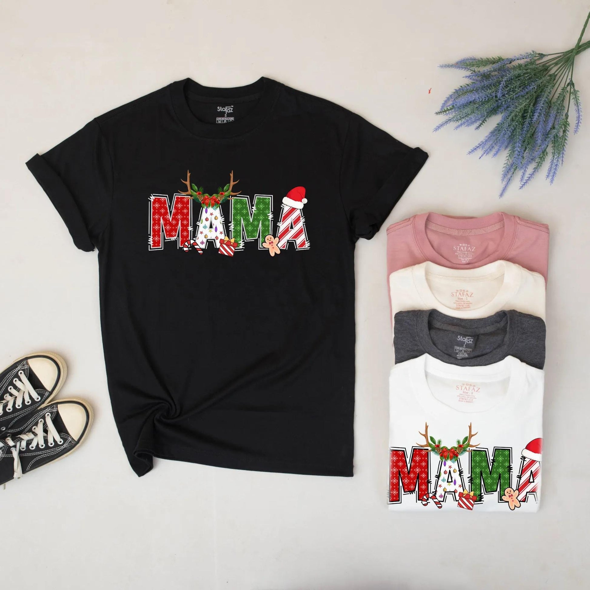 Custom Name Family Christmas Sweatshirt with Festive Designs: Red Snowflakes, Green Shapes, & Stripes! Matching Family Christmas Sweaters