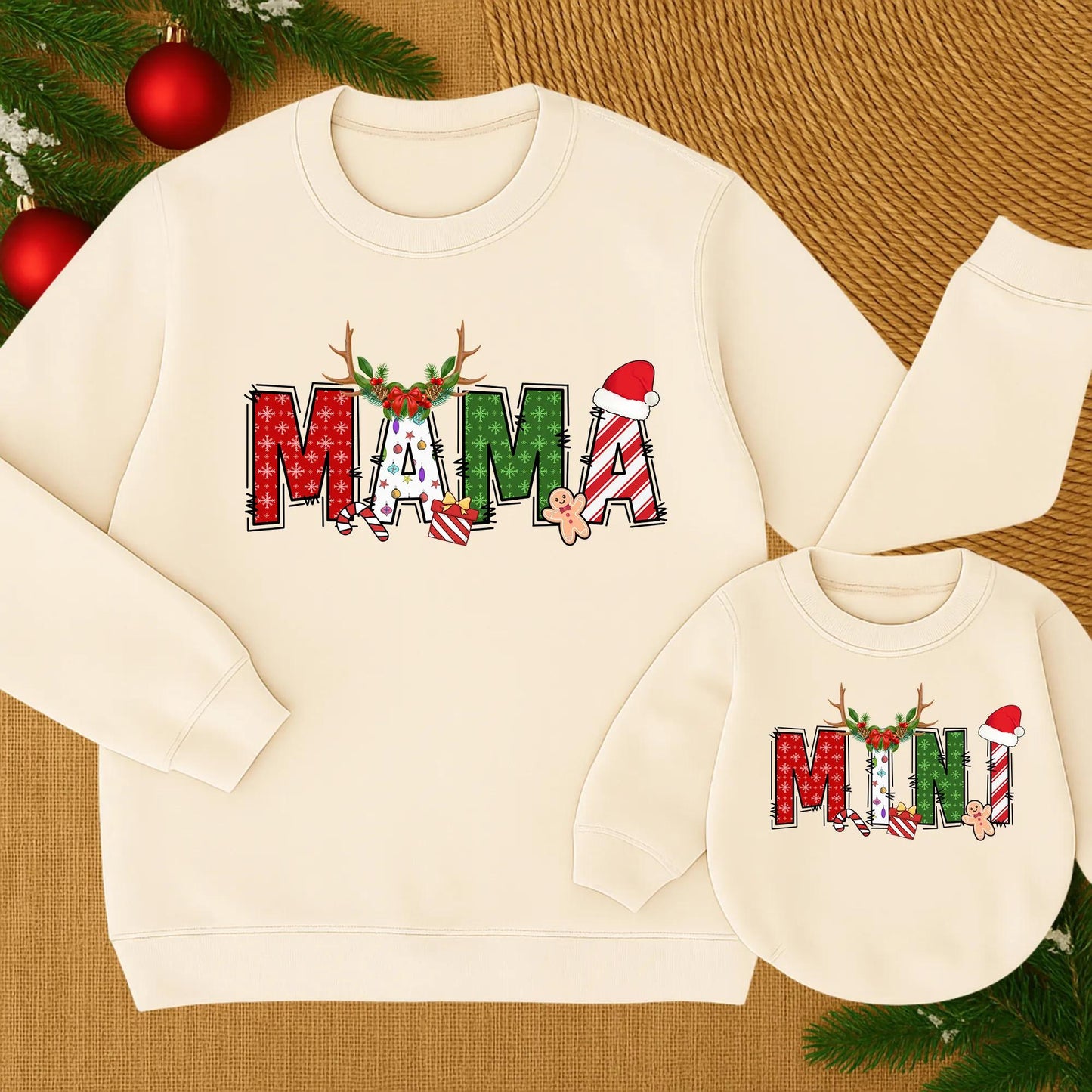 Custom Name Family Christmas Sweatshirt with Festive Designs: Red Snowflakes, Green Shapes, & Stripes! Matching Family Christmas Sweaters