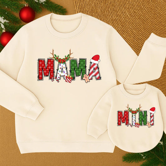 Custom Name Family Christmas Sweatshirt with Festive Designs: Red Snowflakes, Green Shapes, & Stripes! Matching Family Christmas Sweaters