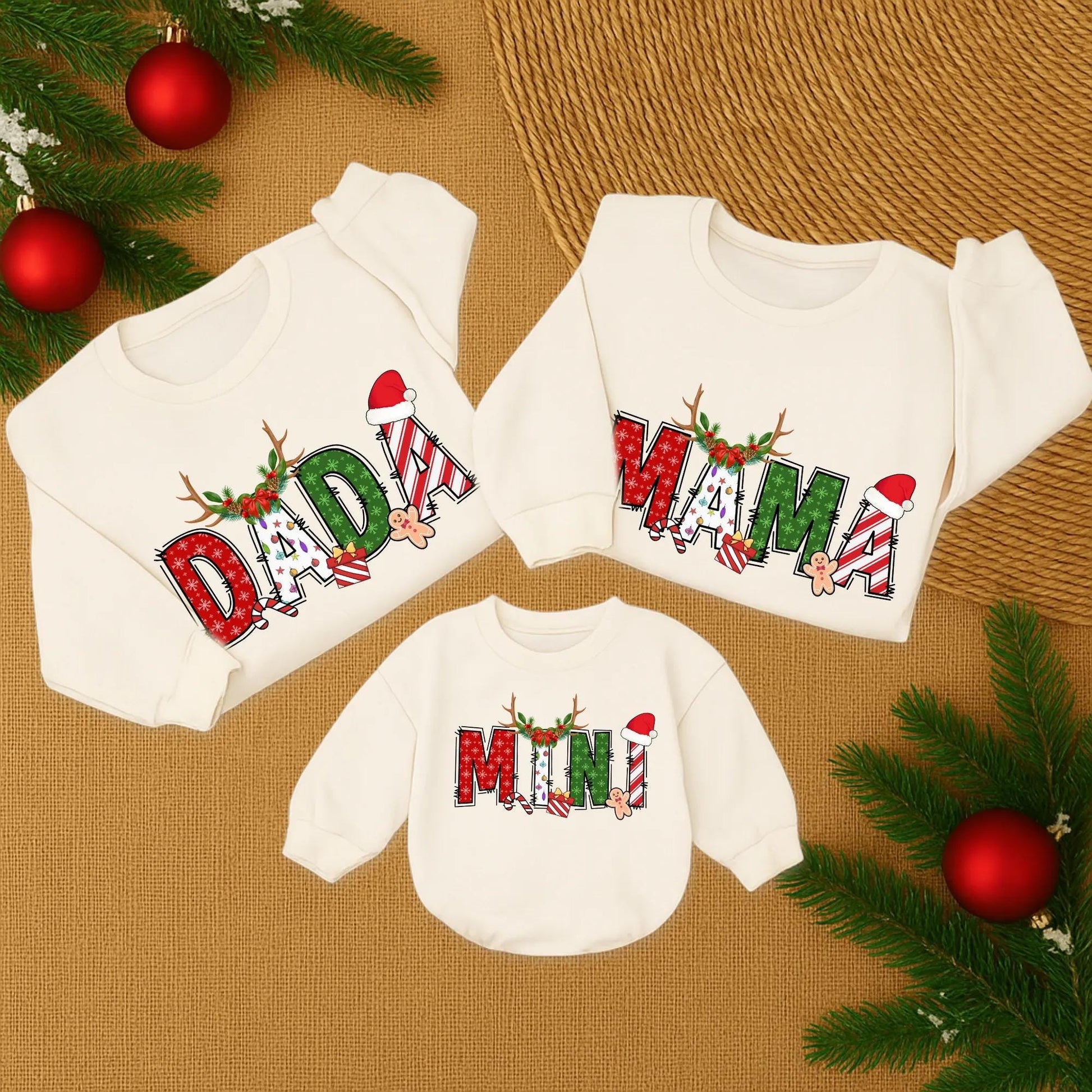 Custom Name Family Christmas Sweatshirt with Festive Designs: Red Snowflakes, Green Shapes, & Stripes! Matching Family Christmas Sweaters