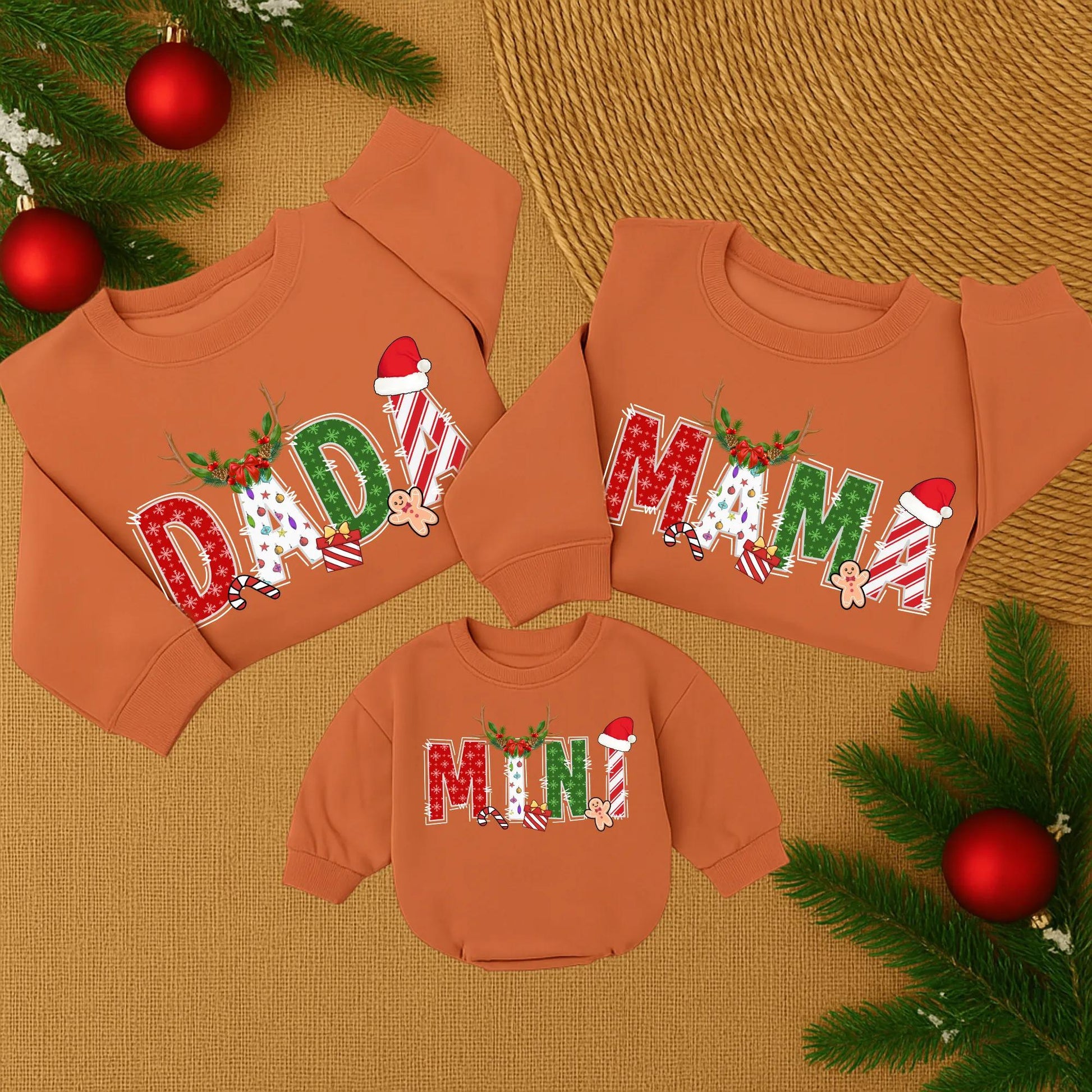 Custom Name Family Christmas Sweatshirt with Festive Designs: Red Snowflakes, Green Shapes, & Stripes! Matching Family Christmas Sweaters