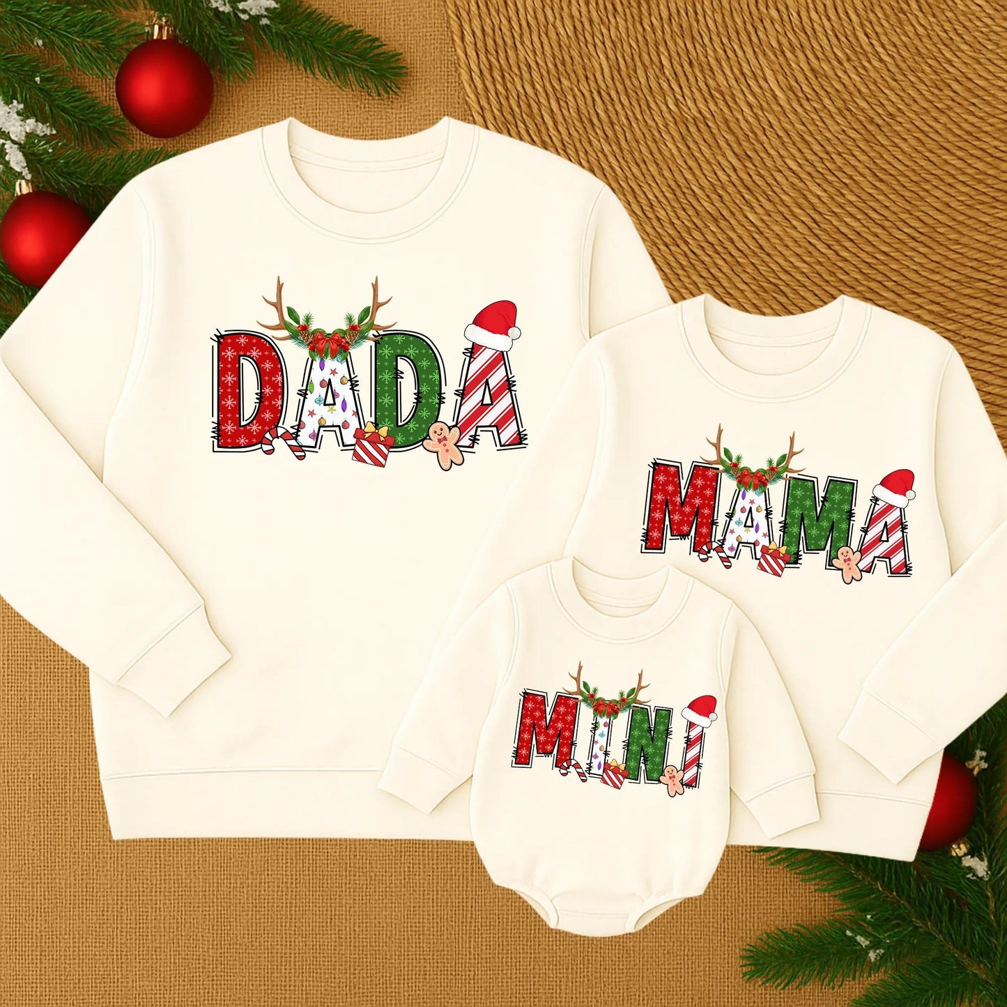 Custom Name Family Christmas Sweatshirt with Festive Designs: Red Snowflakes, Green Shapes, & Stripes! Matching Family Christmas Sweaters