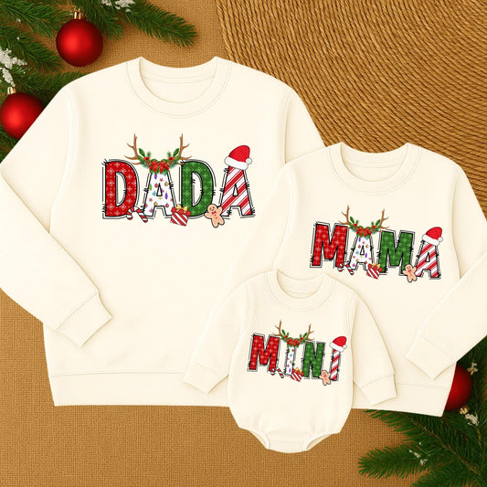 Custom Name Family Christmas Sweatshirt with Festive Designs: Red Snowflakes, Green Shapes, & Stripes! Matching Family Christmas Sweaters