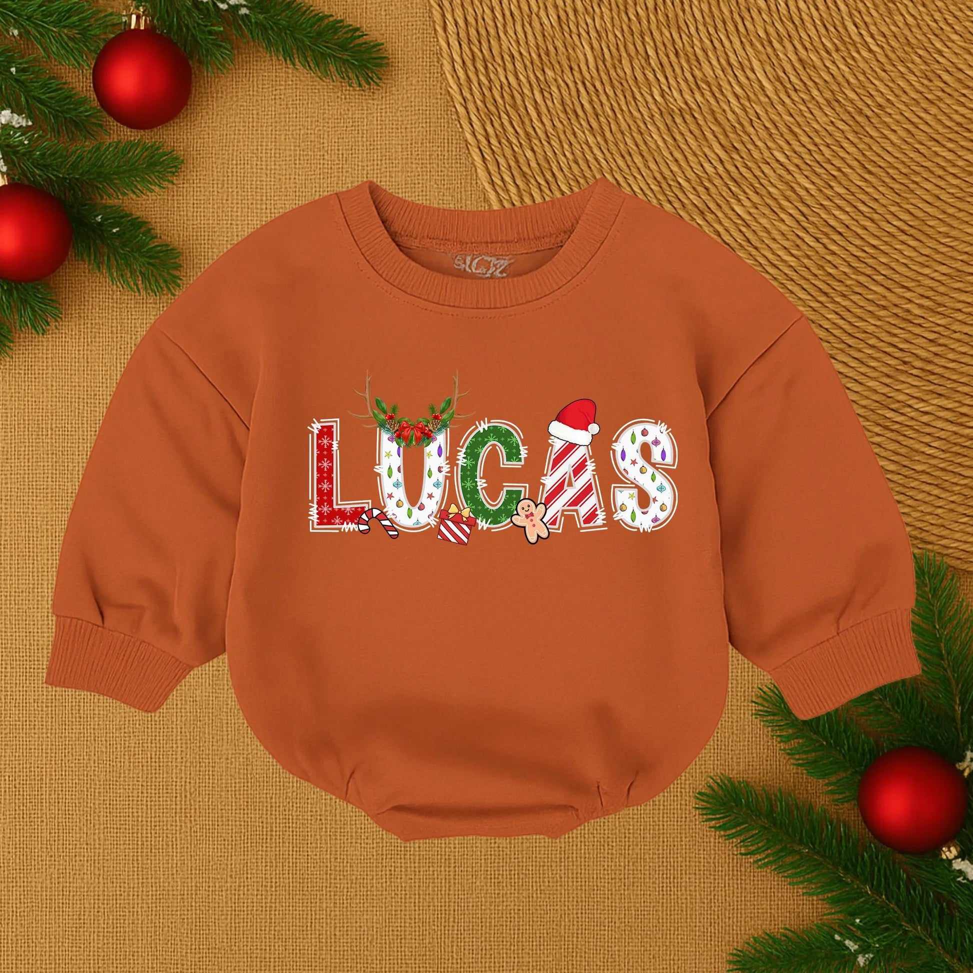 Lucas' 1st Christmas Romper: Festive Baby's First Christmas Outfit, Holiday Name Design Newborn Romper, Candy Cane, Gingerbread Man, Reindeer Antlers, Cozy