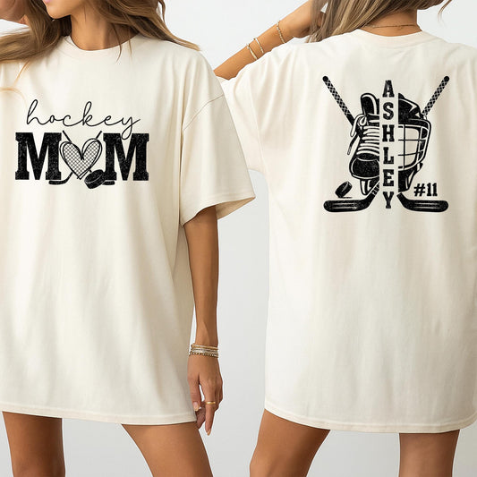 Custom Hockey Mom Shirt with Kid Name and Number Bold Sports Design Ashley #11 Personalized Hockey Mom Tee for Game Day Spirit