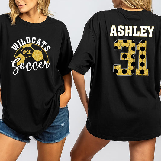 Custom Glitter Hexagon Soccer Player Shirt Wildcats #31 Script Name Personalized Game Day Spirit Outfit Ashley