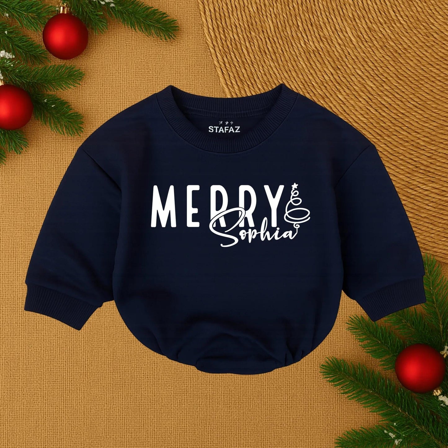 Custom Merry Sophia Christmas Baby Romper, First Christmas Outfit, Personalized Holiday Baby Bubble, Santa Baby Clothes