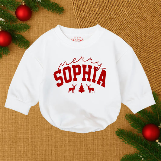Custom Merry Christmas SOPHIA Baby Romper, Festive Deer Tree Design, Personalized Holiday Outfit, Soft Cotton Clothes for Girl, Santa Baby Gift 1st Xmas (139)