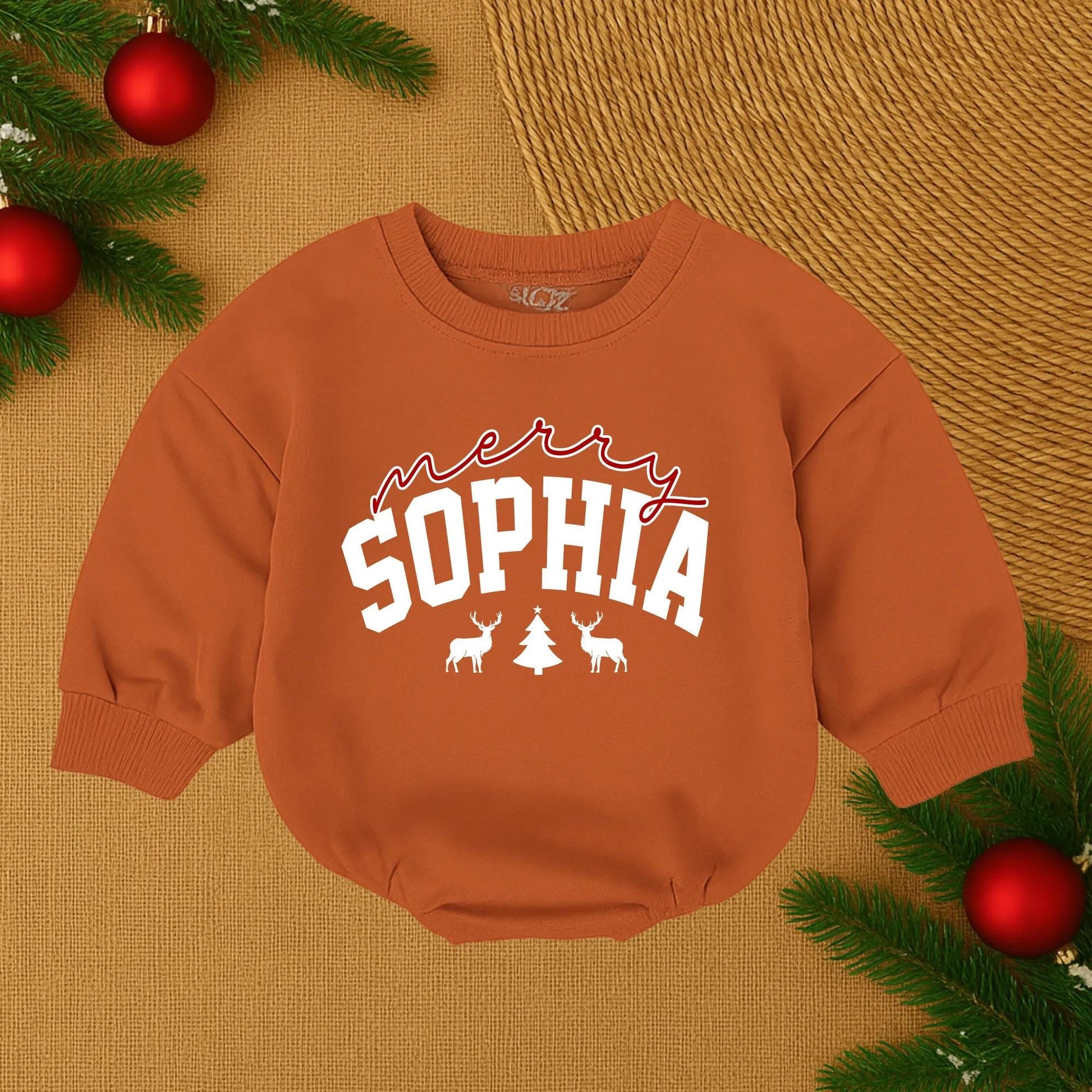 Custom Merry Christmas SOPHIA Baby Romper, Festive Deer Tree Design, Personalized Holiday Outfit, Soft Cotton Clothes for Girl, Santa Baby Gift 1st Xmas (139)
