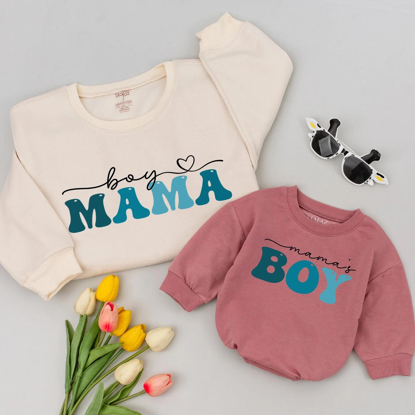 Mommy and Me Matching Boy Mama Sweatshirts Mama's Boy Teal Turquoise Heart Mother Son Outfit Playful Modern Mother's Day Gift