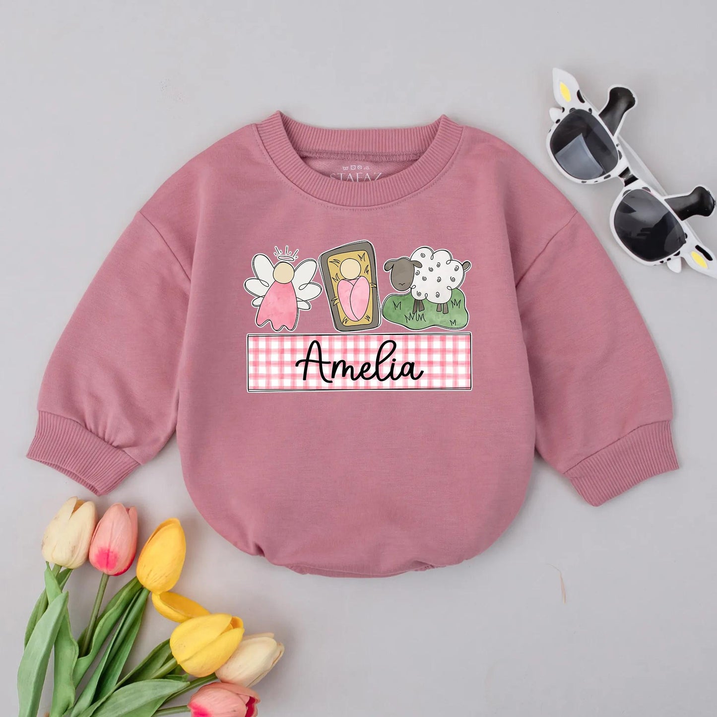 Custom Amelia Name Nativity Romper Baby Jesus Manger Sheep Christmas Infant Bodysuit Christian Holiday Announcement Newborn Clothes