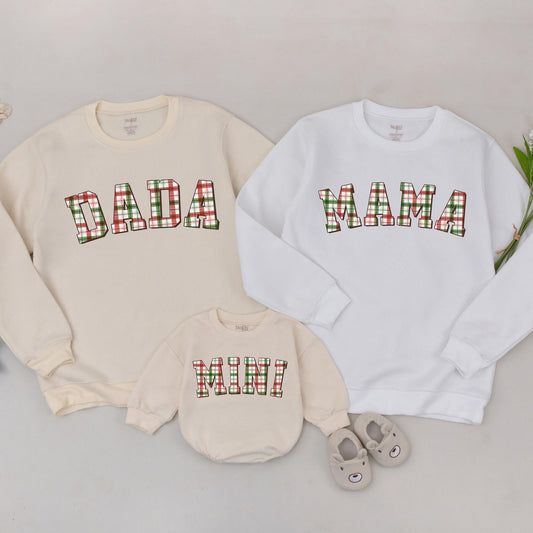 Matching Family Christmas Sweatshirts Plaid DADA MAMA MINI Holiday Sweaters Retro Vintage Style Outfit Green Red White Festive Mommy and Me Gift 137