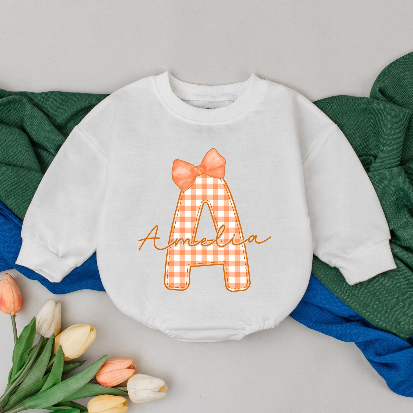 Personalized Name Initial Baby Girl Plaid A Amelia Thanksgiving Bubble Romper Cute Orange Fall Birthday Toddler Bodysuit Outfit Shower Gift