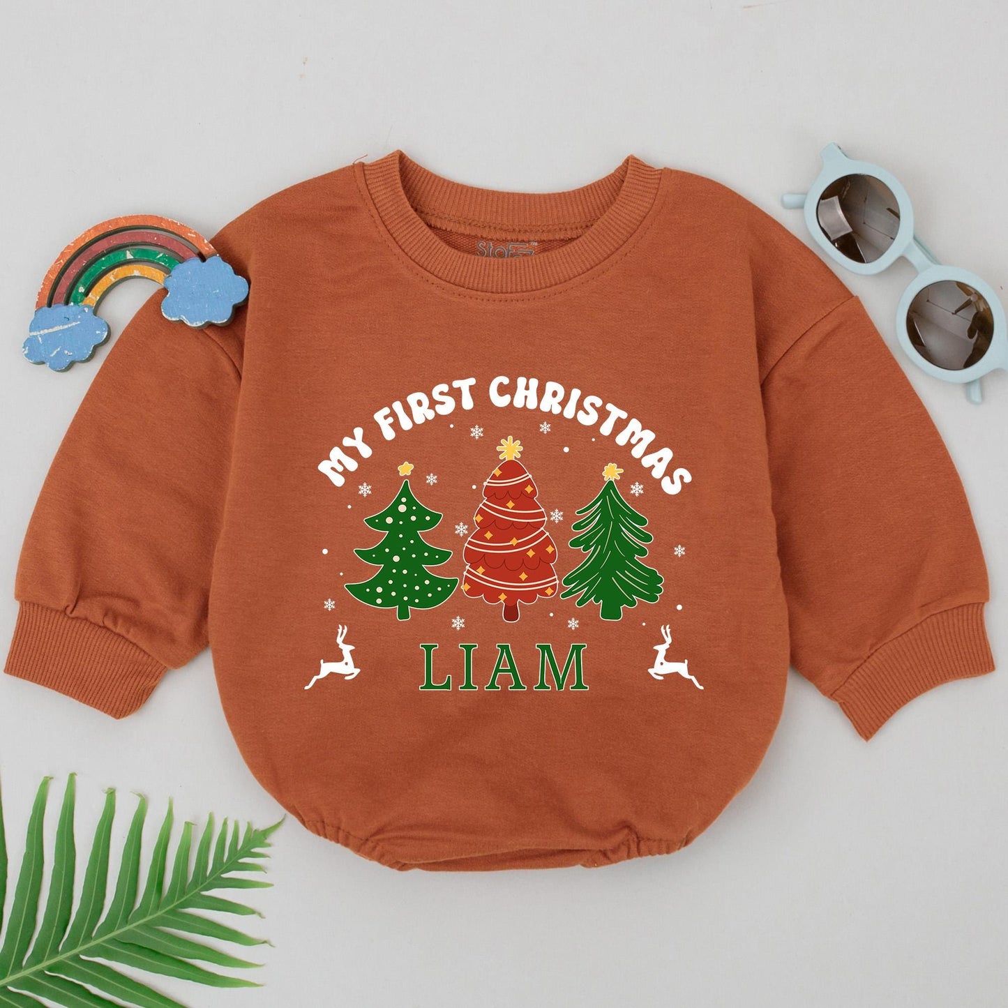 Personalized My First Christmas Baby Romper Name Festive Green Red Trees Reindeer Design Winter 1st Xmas Bodysuit Baby Shower Gift