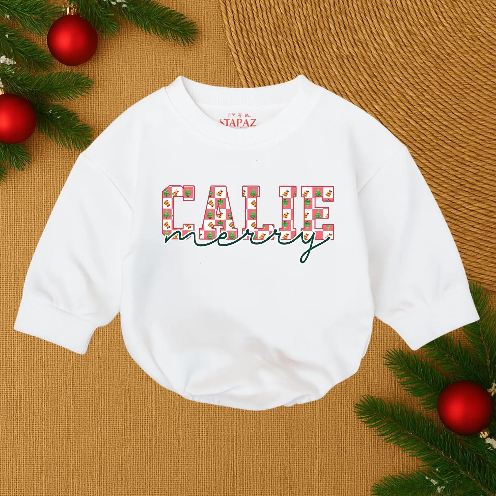 Callie Merry Christmas Baby Romper Personalized Retro Xmas Infant Outfit, First Christmas Girl Gift, Xmas Name Outfit, Holiday Baby