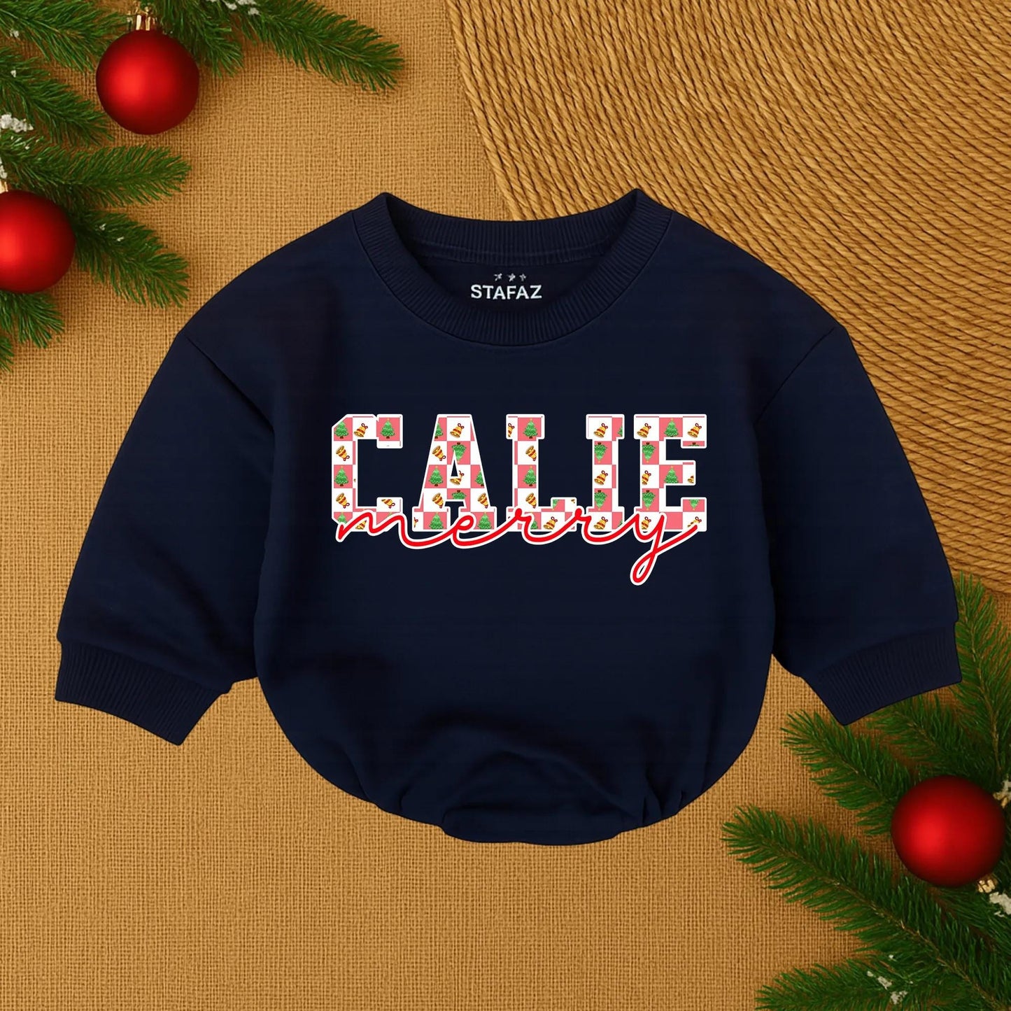 Callie Merry Christmas Baby Romper Personalized Retro Xmas Infant Outfit, First Christmas Girl Gift, Xmas Name Outfit, Holiday Baby