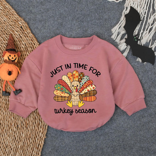 Patchwork Turkey Season Baby Bubble Romper with Floral Polka Dot Plaid Designs Fun Festive Thanksgiving Toddler Infant Outfit for Turkey Day Gift