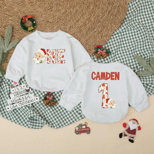 Personalized Christmas "ONE" Romper Santa's First Birthday Outfit Retro Style Baby Bodysuit Winter Cake Smash Romper Xmas Gift, Name Optional 138