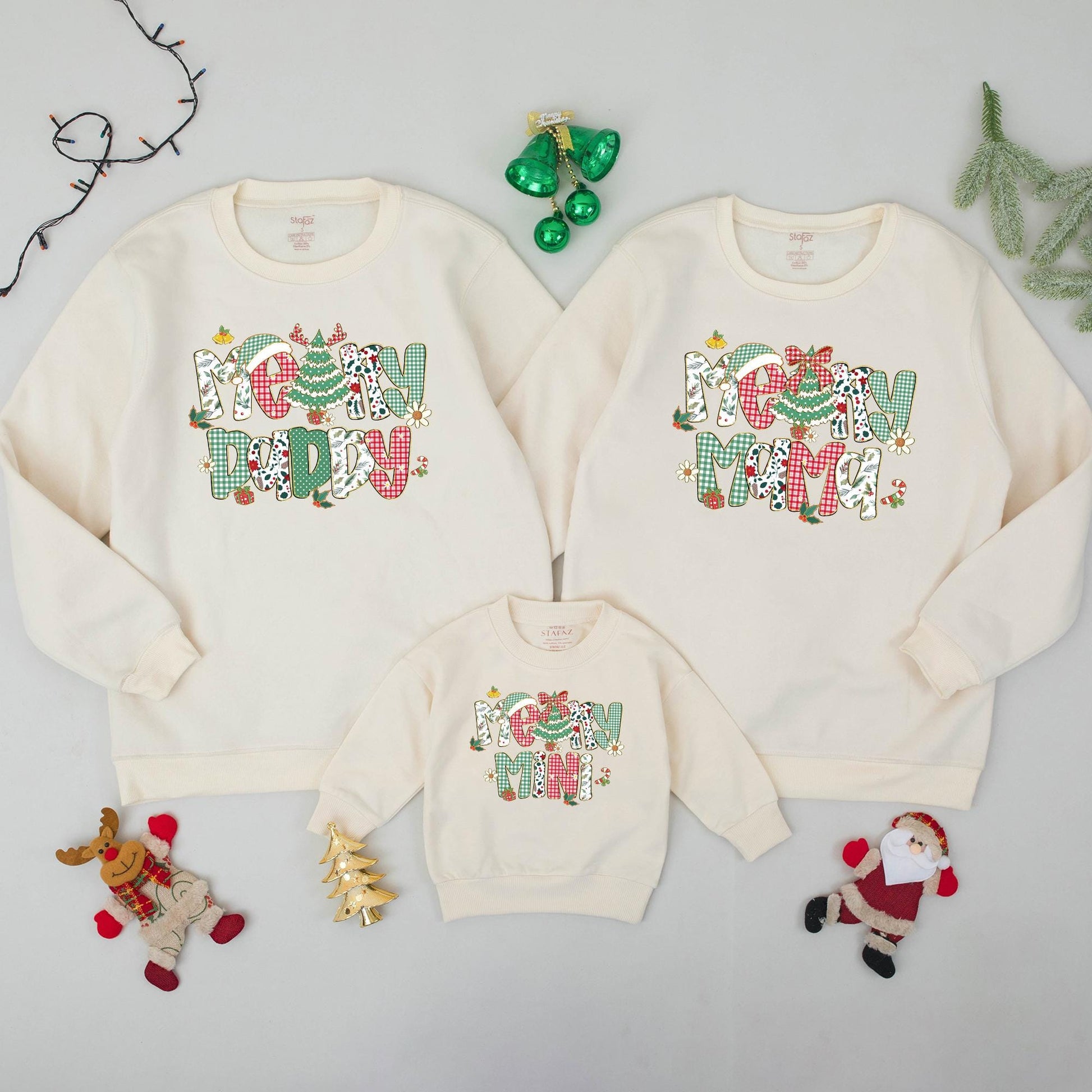 Whimsical Festive Print 'MOM' 'DAD' 'SISTER' 'MINI' Matching Family Christmas Sweatshirts Classic Red Green White Holiday Outfits