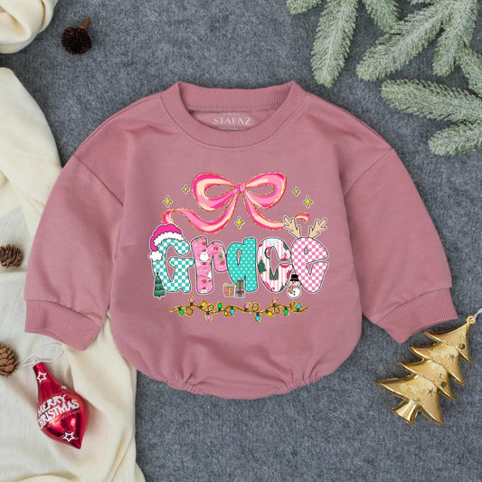 Personalized Pink Glitter Christmas Baby Girl Romper, Grace Name Design with Festive Bow, Stars, Lights, Toddler Infant Bodysuit