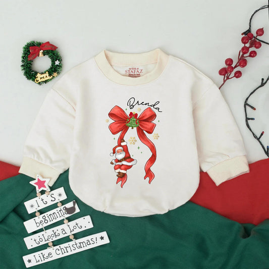 Personalized Christmas Bow Romper: Brenda's Santa Outfit, Cute Xmas Tree Newborn Gift Set, Holiday Baby Girl Clothes, Festive Infant Coming Home Outfit