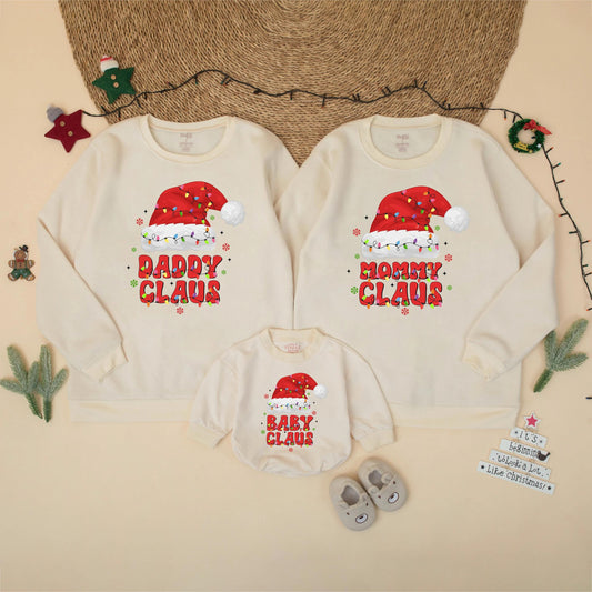 Matching Family Christmas Sweatshirts: Daddy, Mommy & Baby Claus Retro Santa Hats with String Lights Holiday Outfits, Cute Xmas Party Sweaters 135