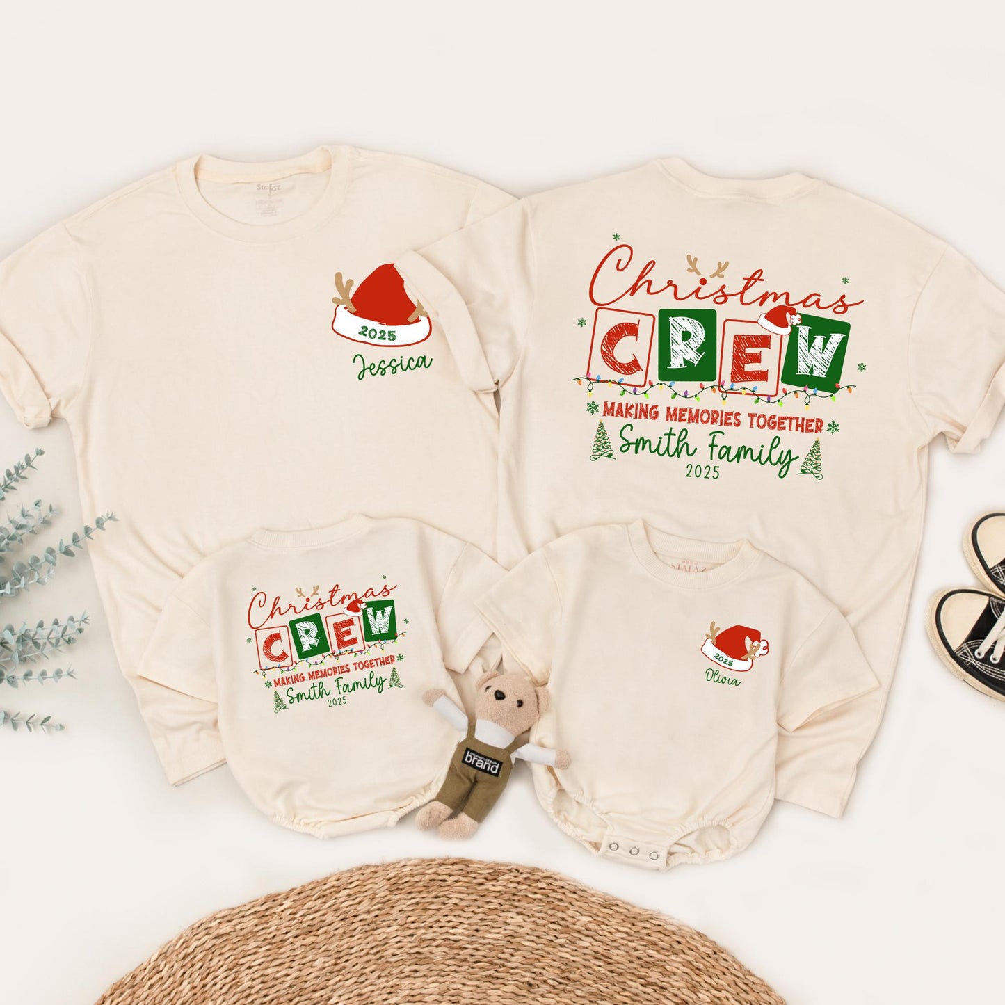 Matching Family Christmas Crew Shirt, Personalized with Names & 2025, Festive Holiday Lights & Santa Reindeer Design, Comfy Xmas Gift Tee for Mommy and Me