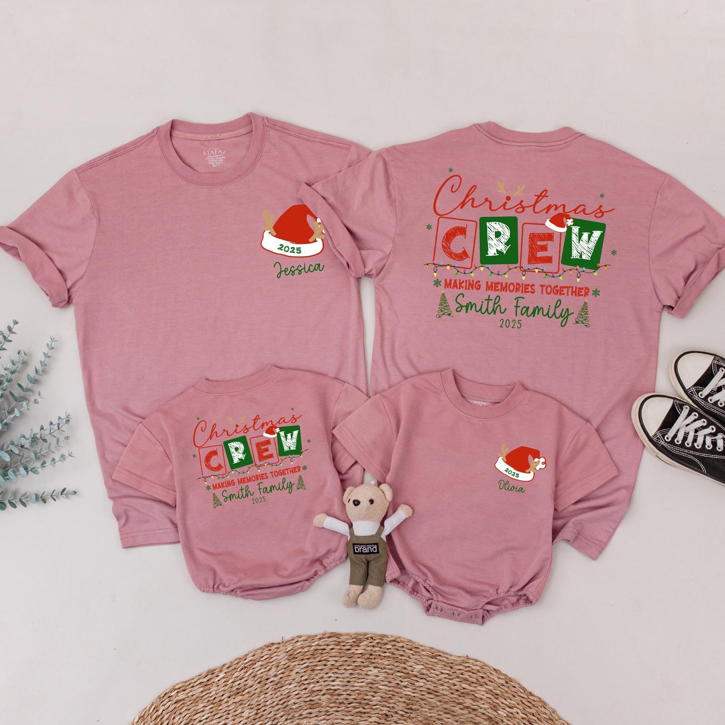 Matching Family Christmas Crew Shirt, Personalized with Names & 2025, Festive Holiday Lights & Santa Reindeer Design, Comfy Xmas Gift Tee for Mommy and Me