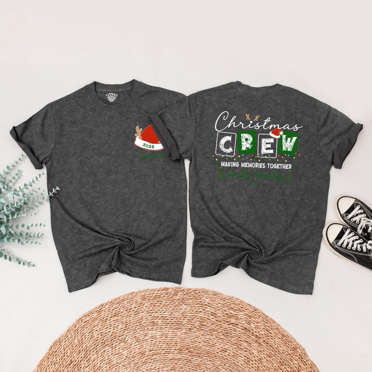 Matching Family Christmas Crew Shirt, Personalized with Names & 2025, Festive Holiday Lights & Santa Reindeer Design, Comfy Xmas Gift Tee for Mommy and Me