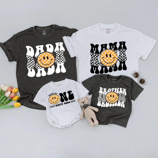 Matching Happy Dude 1st Birthday Shirts for Family with Retro Smiley Face Design, Mommy and Me Outfits