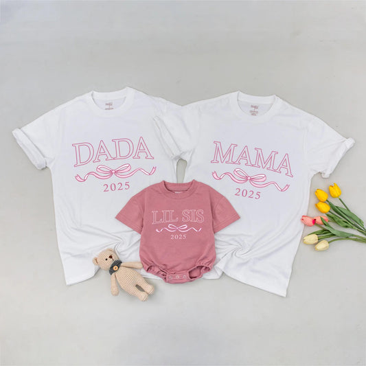 Matching Big Sis Lil Sis 2025 Shirts, Mommy and Me Outfits, Ribbon Graphic Family Birthday, Modern Sister Matching Sets, Soft Cotton Blends, Casual Wear
