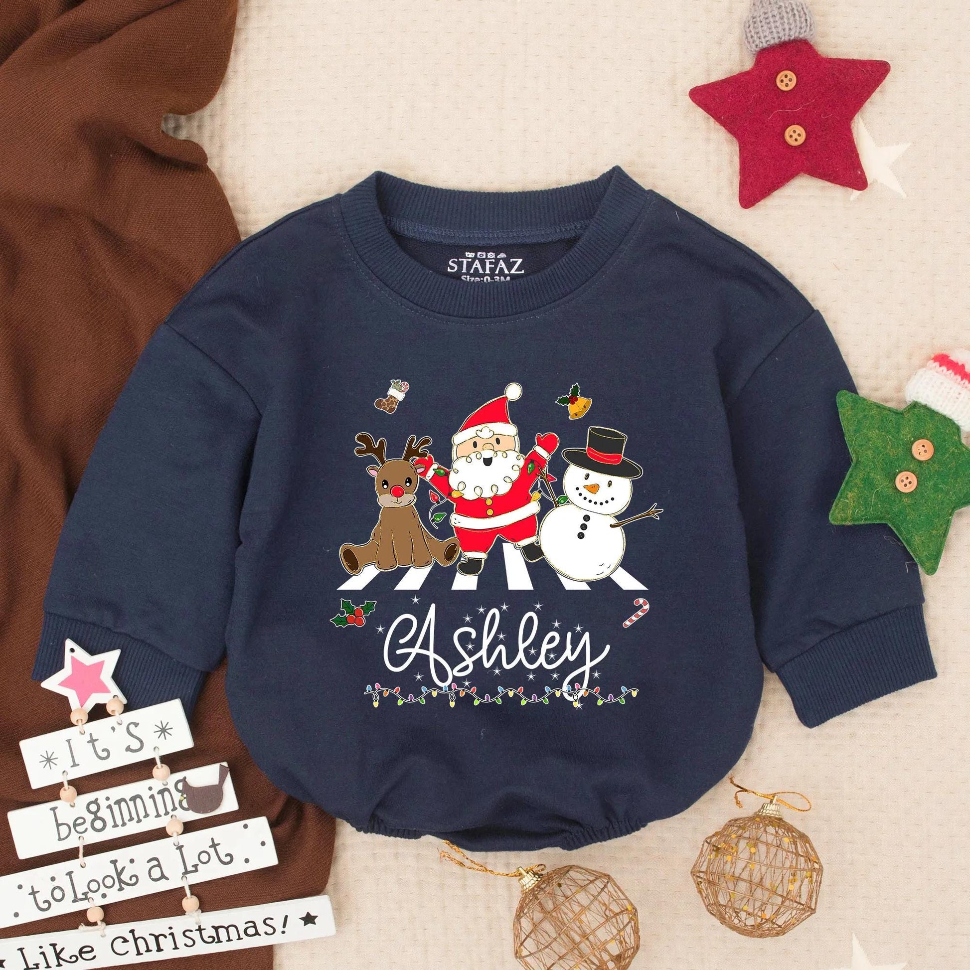 Ashley's Abbey Road Christmas Baby Romper Personalized Santa Reindeer Snowman Infant Bodysuit First Christmas Gift Girl