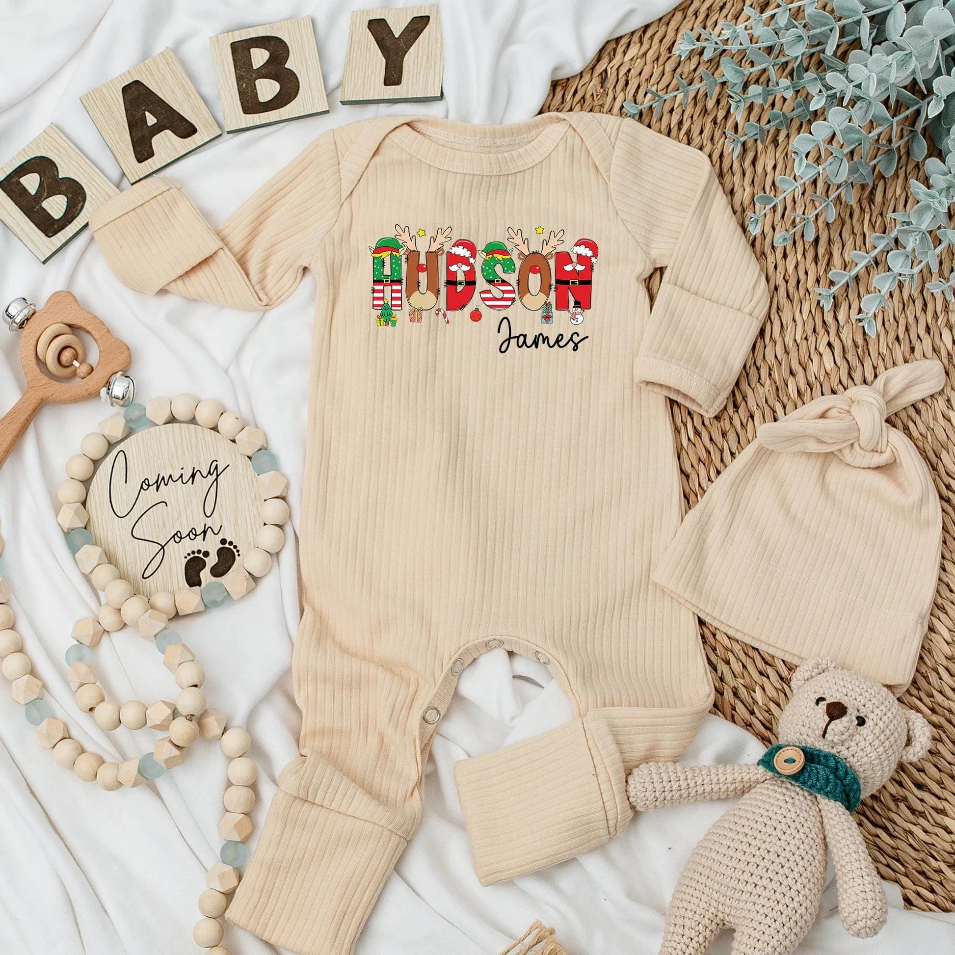 Hudson Christmas Baby Bodysuit - Personalized Baby Boy Outfit with Reindeer Antlers & Stars, Custom Name Christmas Gift