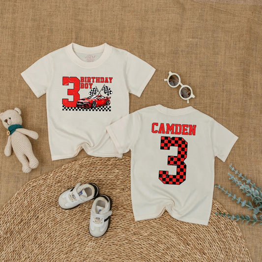 Personalized Racing Car 3rd Birthday Boy Shirt Custom Name Toddler Race Theme Party Outfit Adorable Celebration Gift Kids Soft Cotton