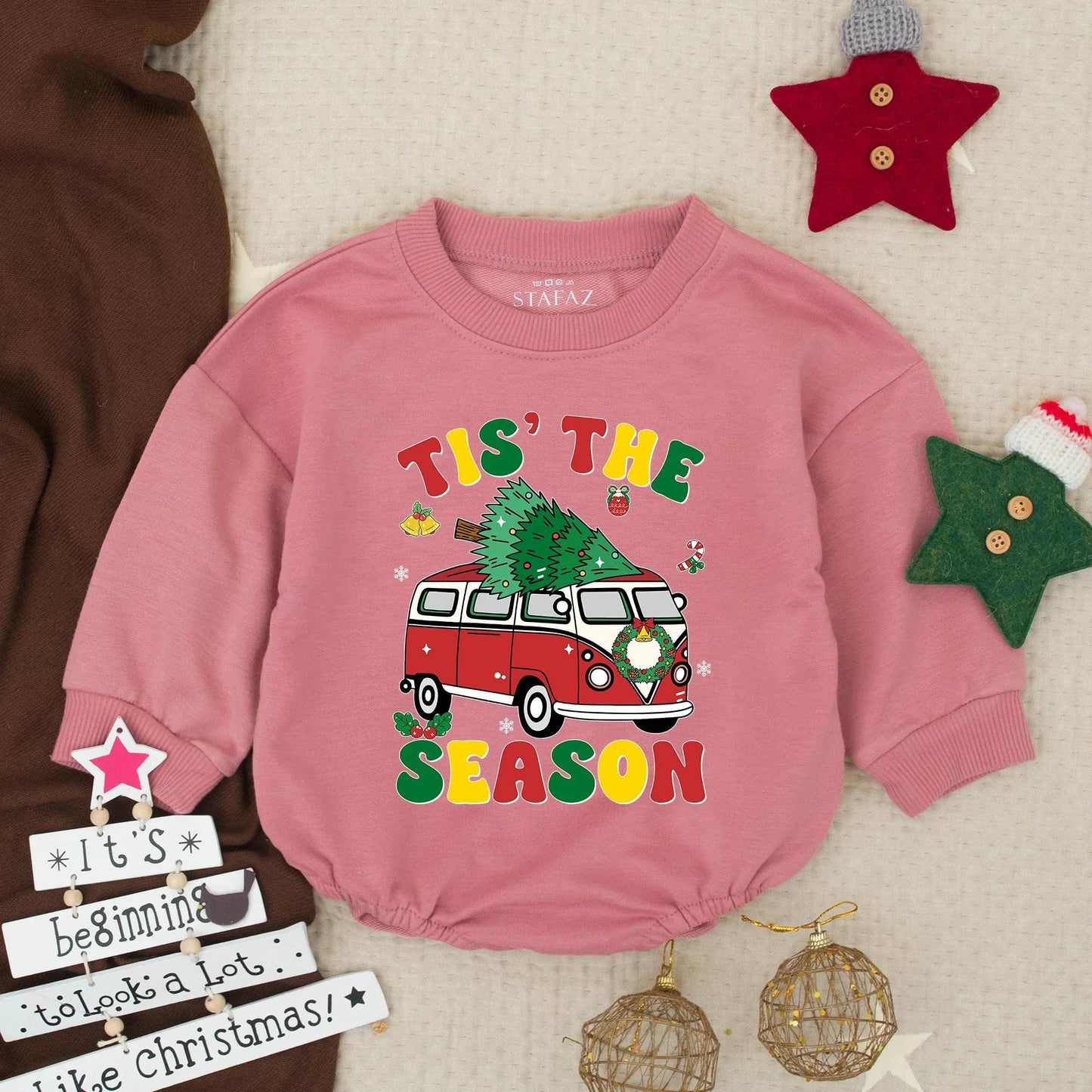 Tis The Season Retro Red Truck Baby Romper, Groovy Christmas Outfit Infant Clothes, Festive Holiday Toddler Boy Gift, Cute Winter Van Clothes 135char