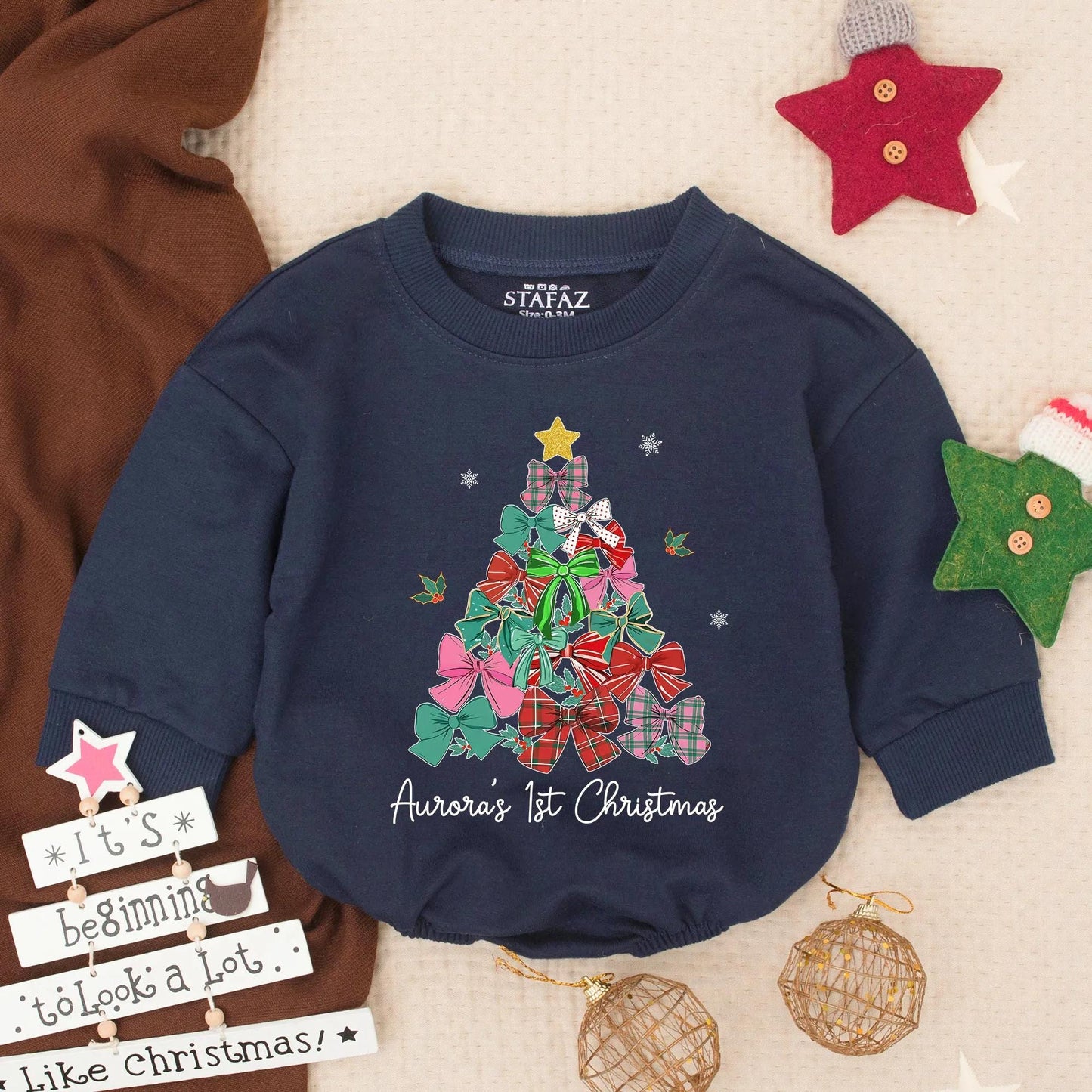 Aurora's 1st Christmas Romper: Festive Baby Girl Outfit with Bow Tree, Personalized First Xmas Gift, Holiday Bodysuit, Infant Clothes, Cute Newborn Present