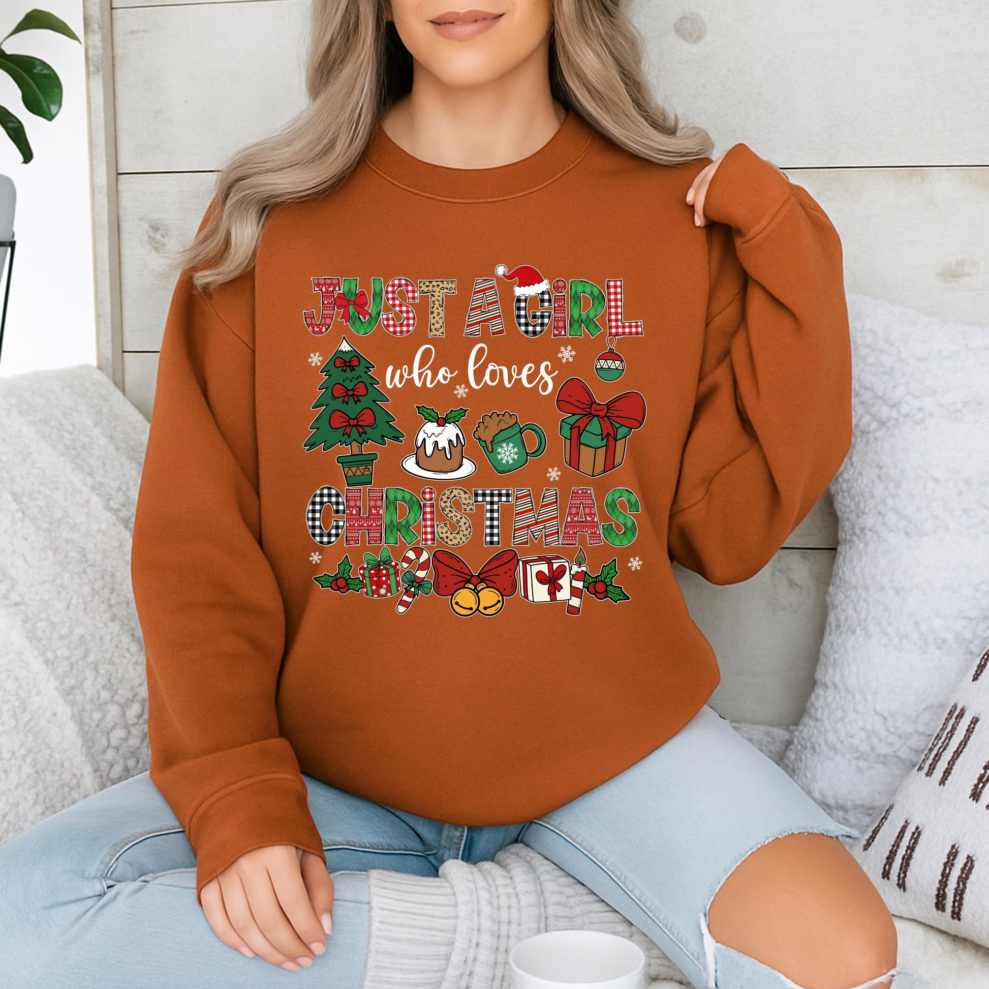 Just A Girl Who Loves Christmas Sweatshirt Festive Holiday Tee with Plaid Reindeer Candy Cane Designs for Women and Kids A Perfect Xmas Gift Idea