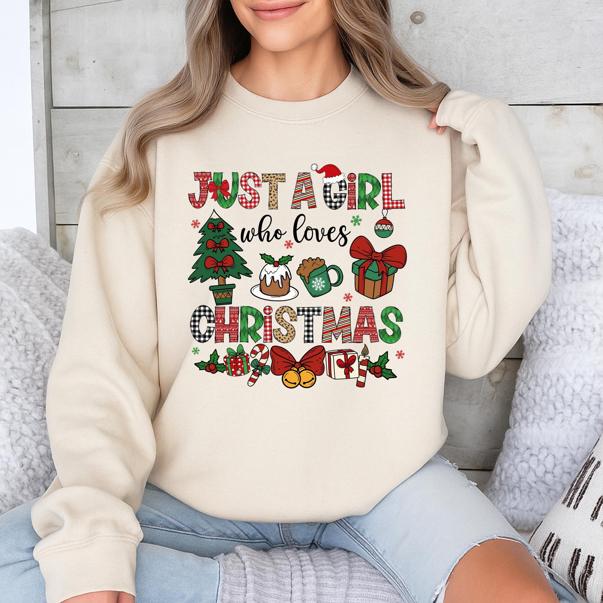 Just A Girl Who Loves Christmas Sweatshirt Festive Holiday Tee with Plaid Reindeer Candy Cane Designs for Women and Kids A Perfect Xmas Gift Idea