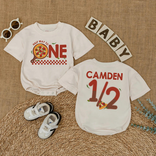 Pizza My Heart 1/2 Birthday Outfit, Custom Camden Romper Set, Adorable Six Month Milestone, Checkered Baby Boy Bodysuit, Half Way To One, Gift Idea