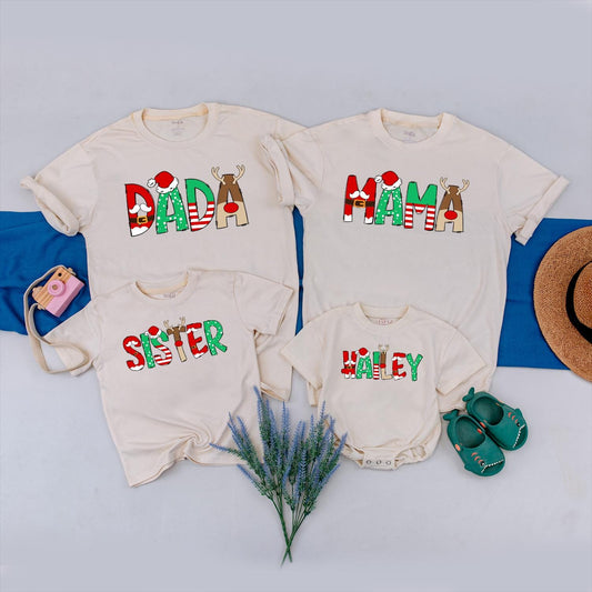 Matching Family Christmas Shirts with Custom Santa Letter Block Designs Holiday Red Green Antler Tees Baby Romper Festive Gift