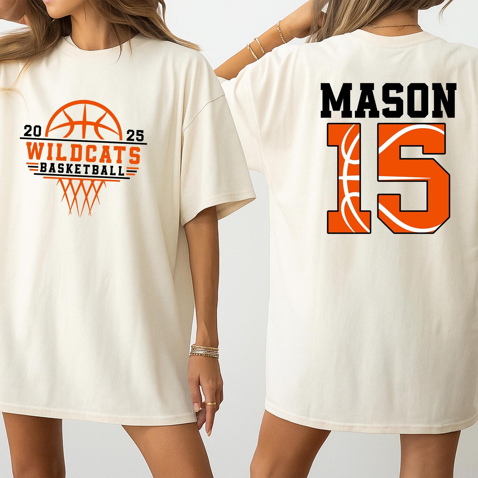 Wildcats Basketball Mom Shirt Personalized with Number & Name, Game Day Cheer Tee, Custom Team Mascot Gift for Basketball Lovers, Orange & White Design