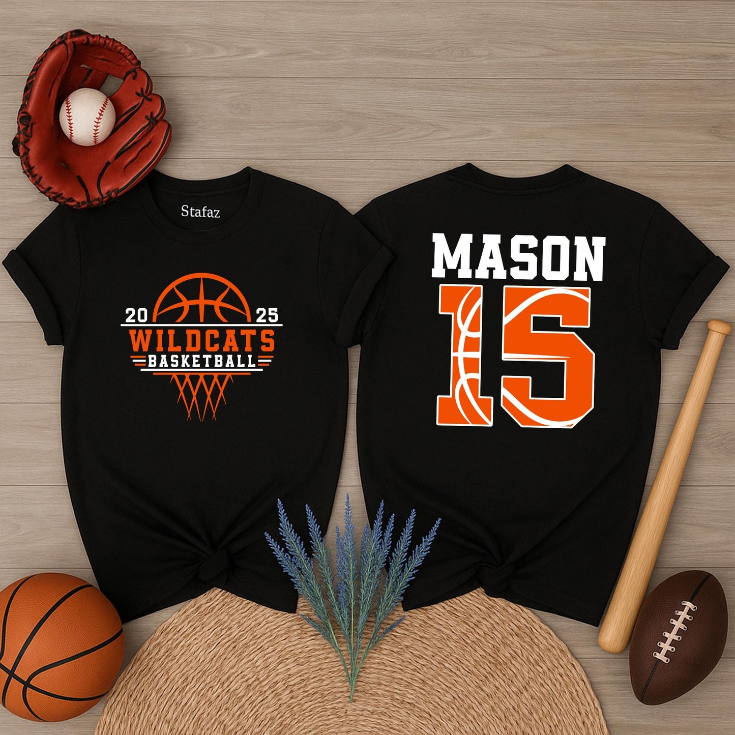 Wildcats Basketball Mom Shirt Personalized with Number & Name, Game Day Cheer Tee, Custom Team Mascot Gift for Basketball Lovers, Orange & White Design