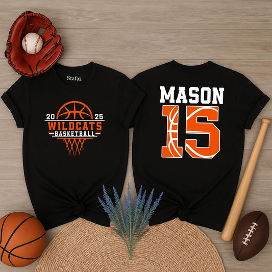 Wildcats Basketball Mom Shirt Personalized with Number & Name, Game Day Cheer Tee, Custom Team Mascot Gift for Basketball Lovers, Orange & White Design